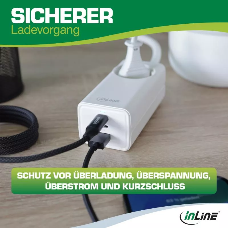 InLine® USB Netzteil, 65W Ladegerät, 2x USB-C + 1x USB-A, mit Schutzkontaktbuchse und 1,5m Kabel, PD3.0 PPS GaN, weiß
