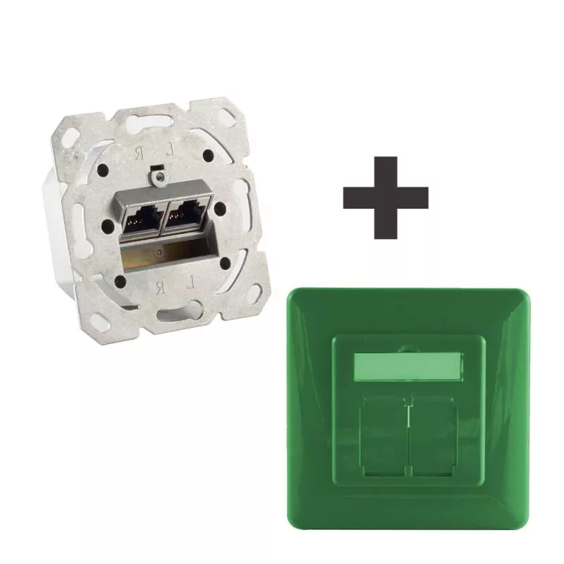Netzwerkdose Cat.6A Unterputz 2-fach, vollgeschirmt, LSA, horizontale Kabelführung, inkl. Zentralstück & Abdeckrahmen, Grün