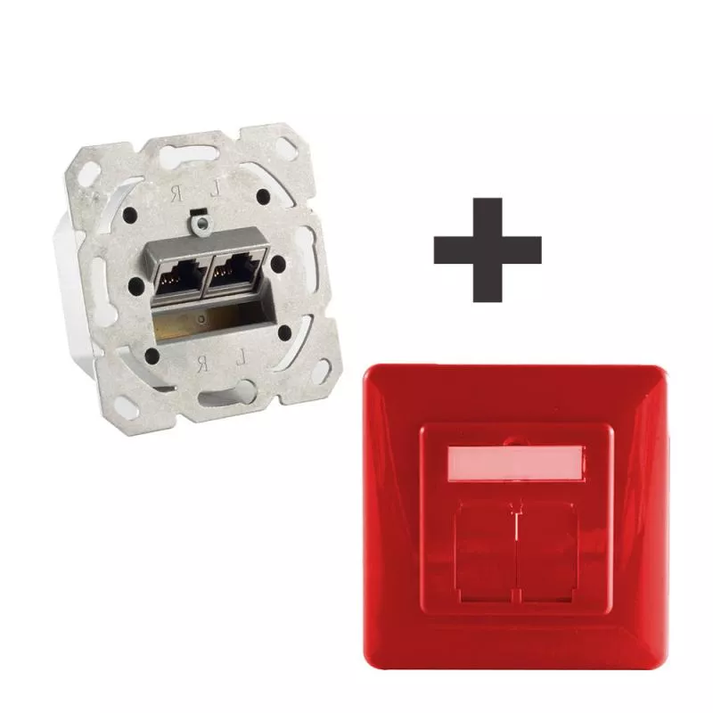 Netzwerkdose Cat.6A Unterputz 2-fach, vollgeschirmt, LSA, horizontale Kabelführung, inkl. Zentralstück & Abdeckrahmen, Rot