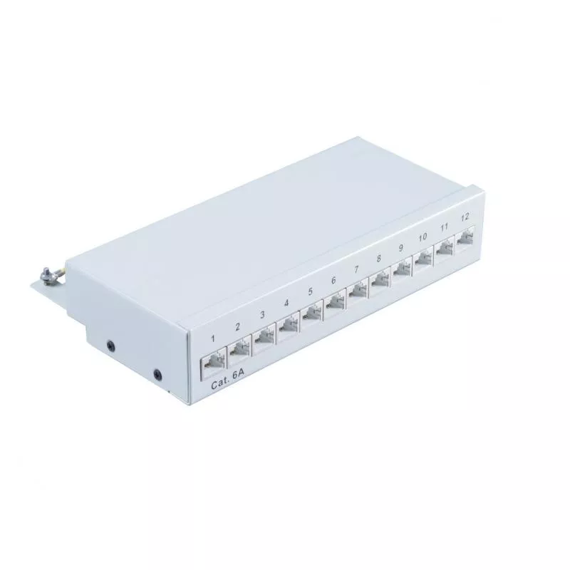 Patchpanel Cat.6A – 12 Port – geschirmt – Desktop/Wandmontage – lichtgrau