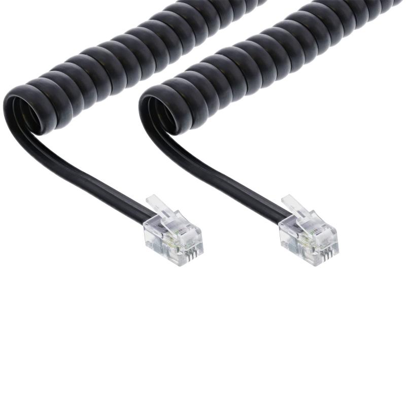 InLine® Spiralkabel RJ10 Stecker / Stecker schwarz 1:1 belegt max. 2m