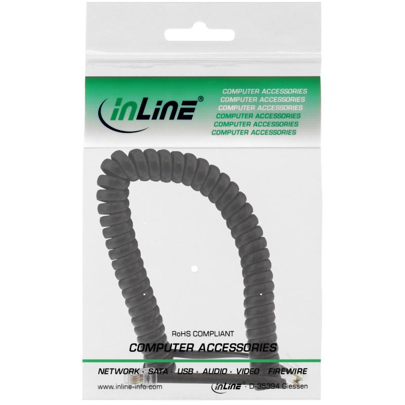 InLine® Spiralkabel RJ10 Stecker / Stecker schwarz 1:1 belegt max. 2m