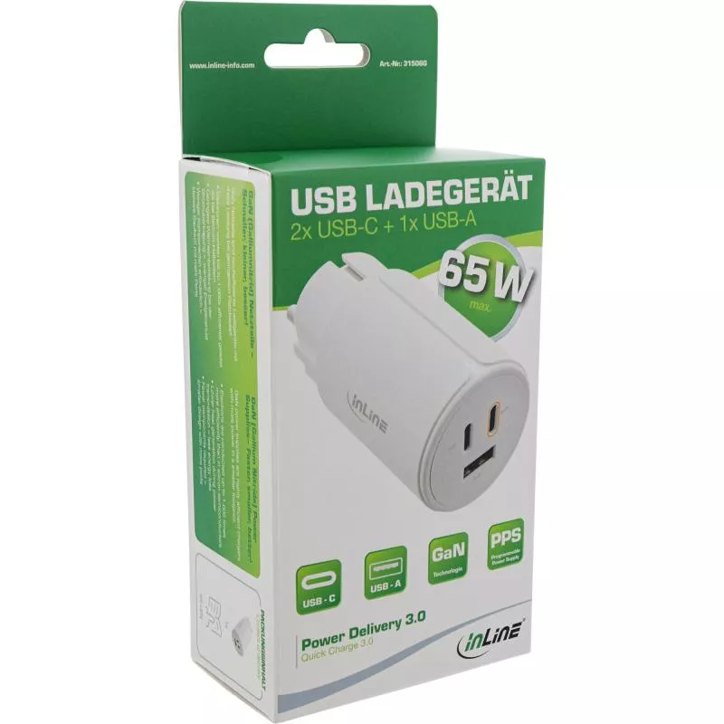 InLine® USB PD Netzteil, GaN Ladegerät, 3-Port, Dual USB-C + USB-A, 65W, weiß InLine® USB PD Netzteil, GaN Ladegerät, 3-Port, Dual USB-C + USB-A, 65W, weiß
