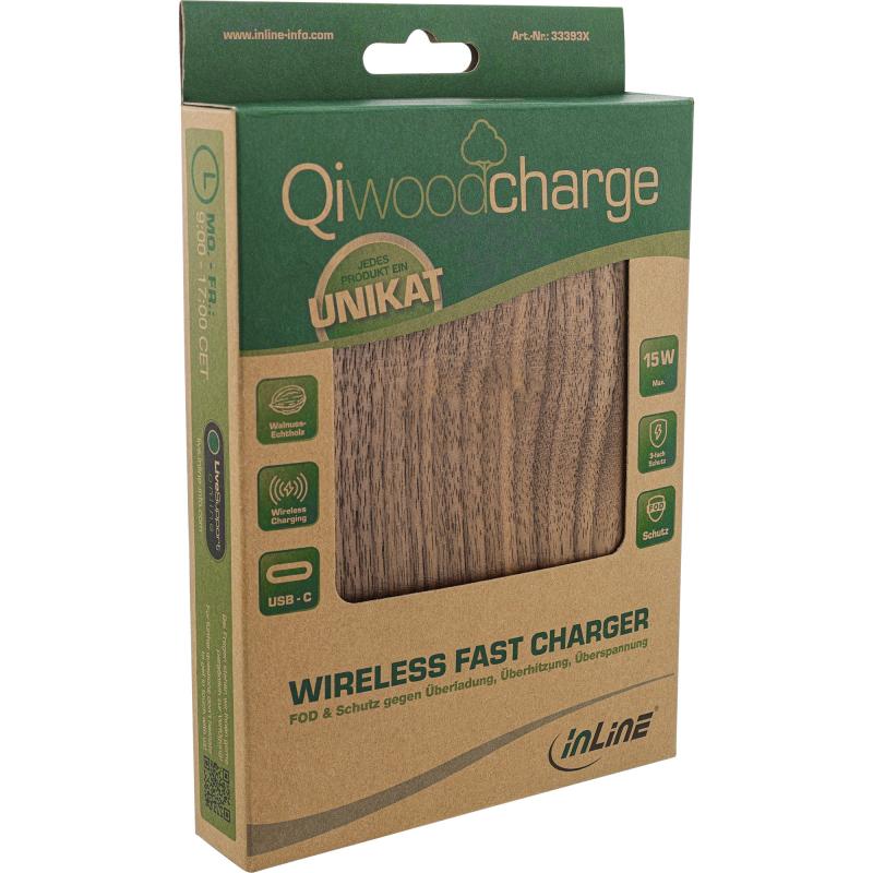 InLine® Qi woodcharge wireless fast charger 5/7,5/10W/15W USB-C ohne Logo