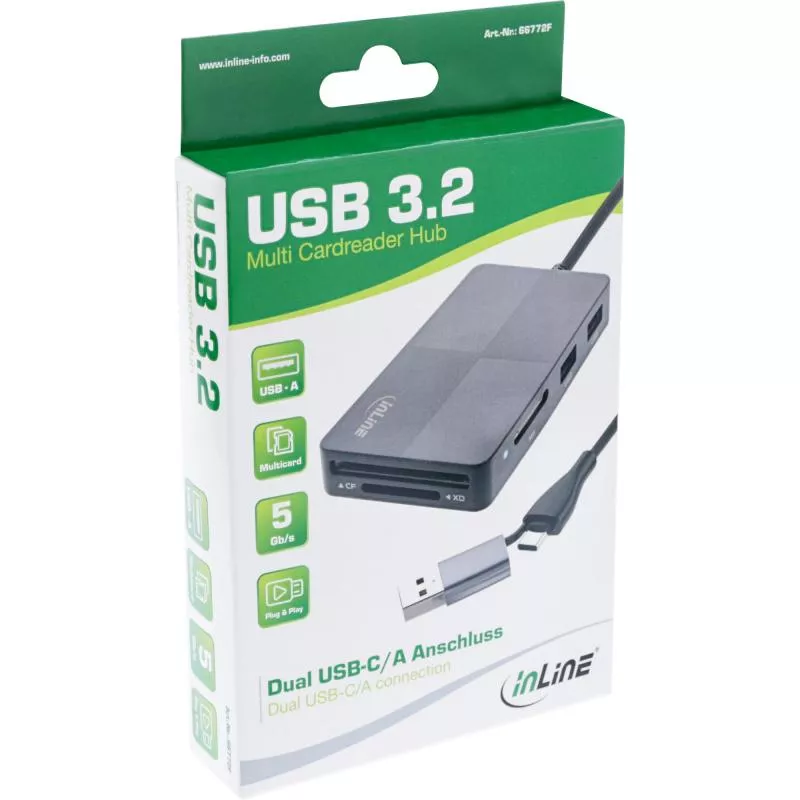 InLine® USB 3.2 Multi Cardreader Hub, SD/TF/MS/XD/CF, 3-Port USB-A, Dual InLine® USB 3.2 Multi Cardreader Hub, SD/TF/MS/XD/CF, 3-Port USB-A, Dual