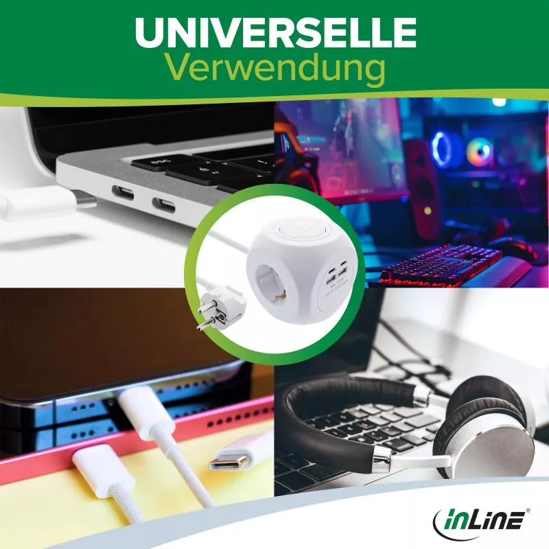 InLine® Charging Cube, 3x Schutzkontakt, 2x USB-C, 2x USB-A, weiß, 2m