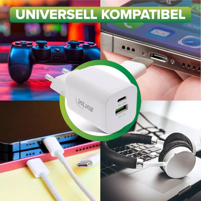 InLine® Power Delivery + Quick Charge USB Netzteil, 33W, USB-A + USB-C, weiß InLine® Power Delivery + Quick Charge USB Netzteil, 33W, USB-A + USB-C, weiß