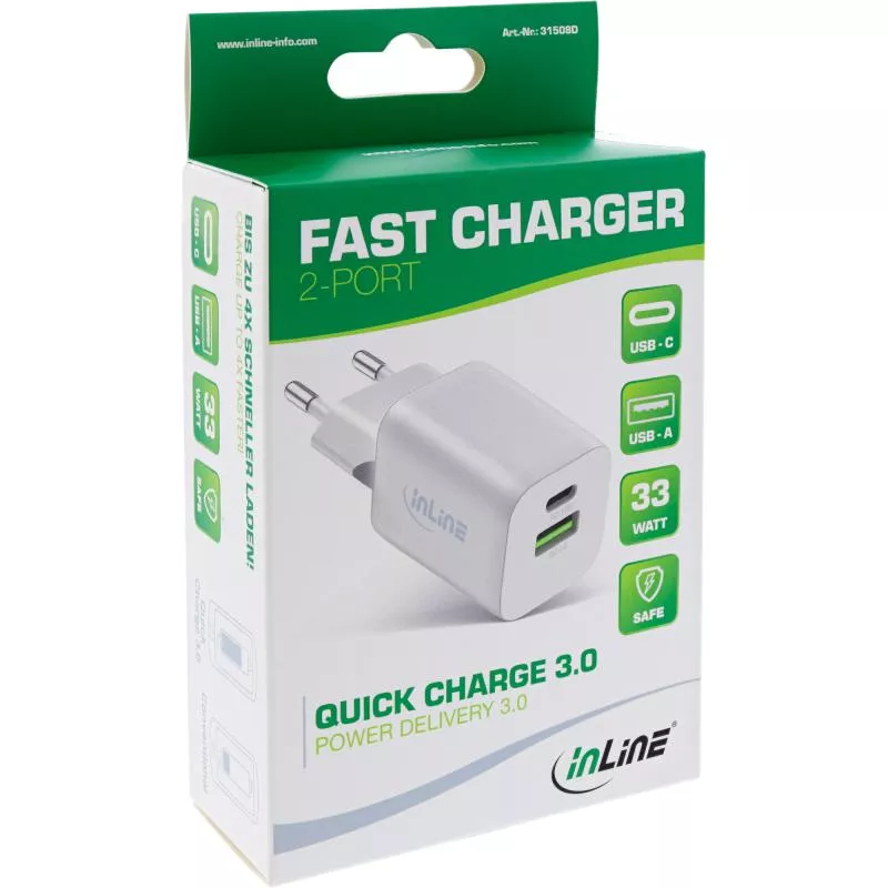 InLine® Power Delivery + Quick Charge USB Netzteil, 33W, USB-A + USB-C, weiß InLine® Power Delivery + Quick Charge USB Netzteil, 33W, USB-A + USB-C, weiß