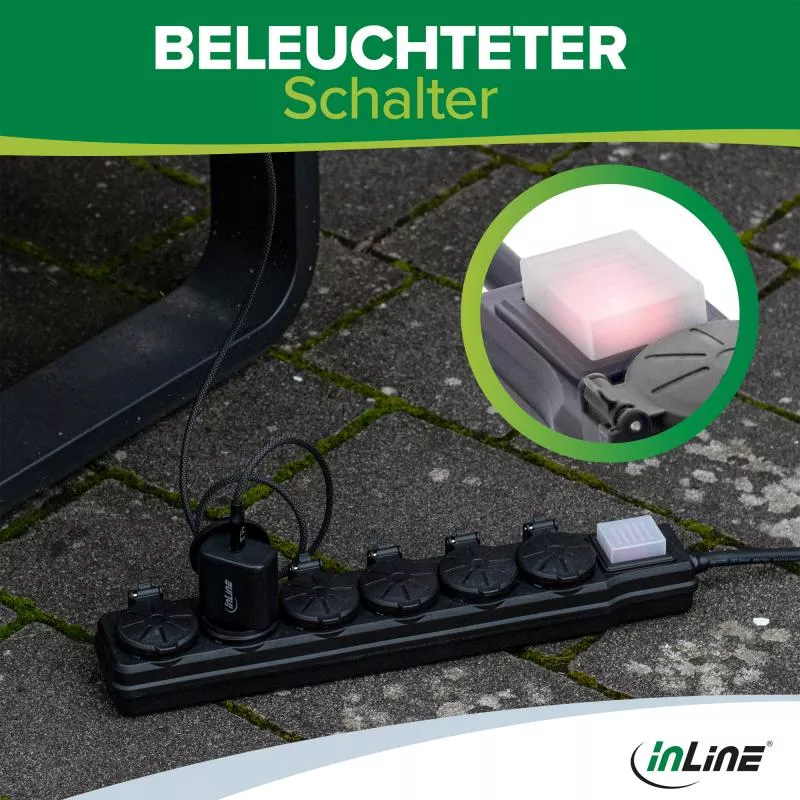 InLine® Outdoor-Steckdosenleiste, 6-fach Schutzkontakt, IP44, mit Schalter, 5m InLine® Outdoor-Steckdosenleiste, 6-fach Schutzkontakt, IP44, mit Schalter, 5m