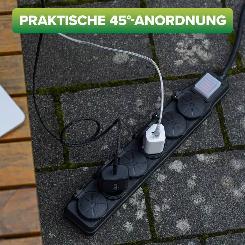 Outdoor-Steckdosenleiste 6-fach – IP44, 10 m, mit Schalter, schwarz