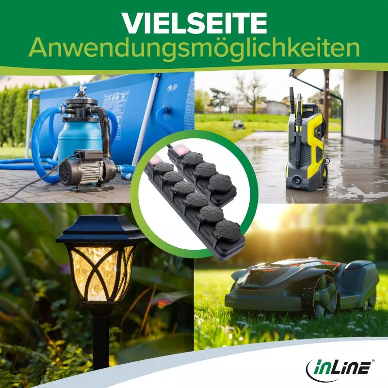 Outdoor-Steckdosenleiste 6-fach – IP44, 10 m, mit Schalter, schwarz