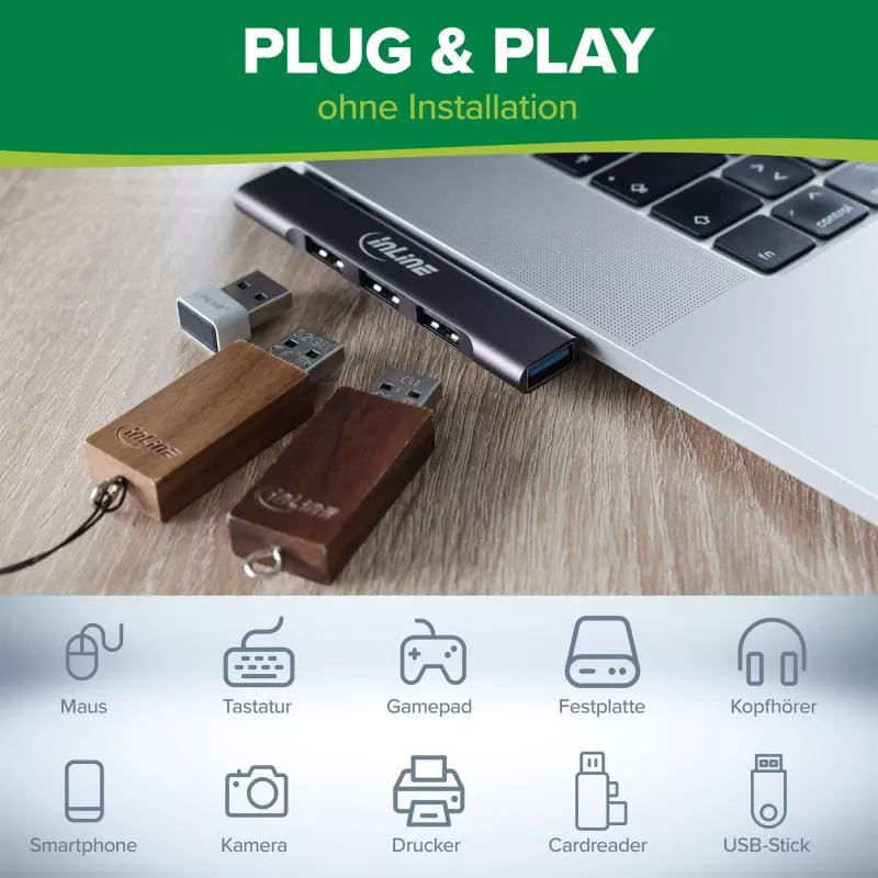 InLine® Slim USB-C Hub, 4-Port, USB 3.0 + 3x USB 2.0, schmale Bauform