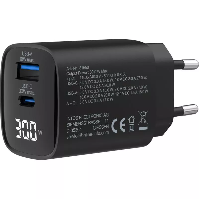 USB PD Netzteil – GaN Ladegerät, 2-Port (USB-C & USB-A), 30W, mit Display USB PD Netzteil – GaN Ladegerät, 2-Port (USB-C & USB-A), 30W, mit Display
