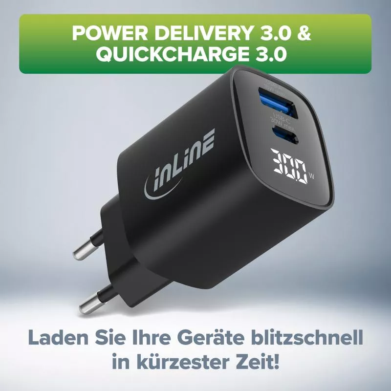 USB PD Netzteil – GaN Ladegerät, 2-Port (USB-C & USB-A), 30W, mit Display USB PD Netzteil – GaN Ladegerät, 2-Port (USB-C & USB-A), 30W, mit Display