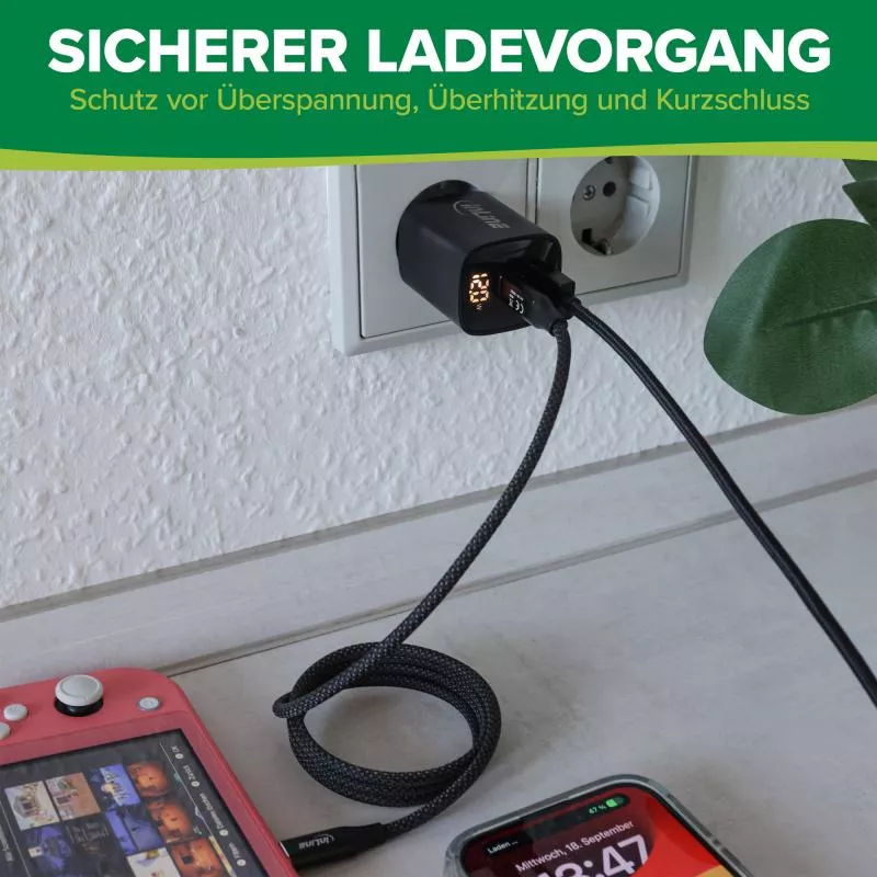 USB PD Netzteil – GaN Ladegerät, 2-Port (USB-C & USB-A), 30W, mit Display USB PD Netzteil – GaN Ladegerät, 2-Port (USB-C & USB-A), 30W, mit Display
