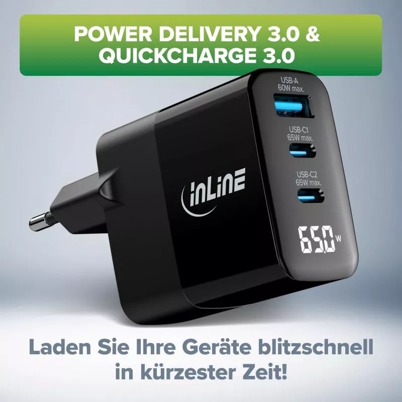 InLine® USB PD Netzteil, GaN Ladegerät, 3-Port, USB-C + USB-A, 65W, mit Display