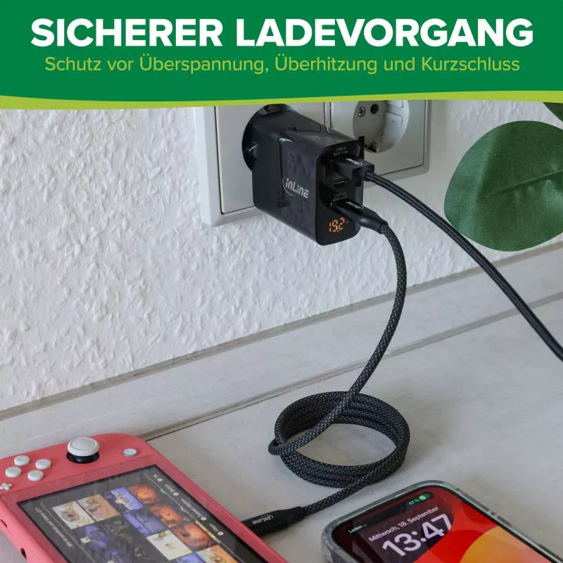 InLine® USB PD Netzteil, GaN Ladegerät, 3-Port, USB-C + USB-A, 65W, mit Display
