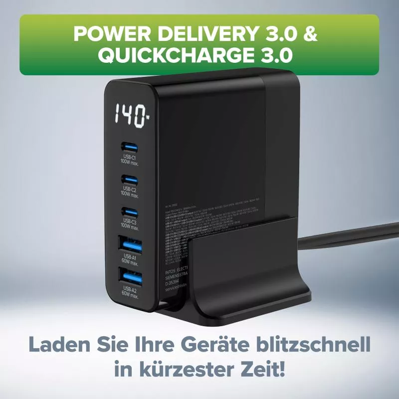 InLine® USB PD Netzteil, GaN Ladegerät, 5-Port, USB-C + USB-A, 140W, mit Display