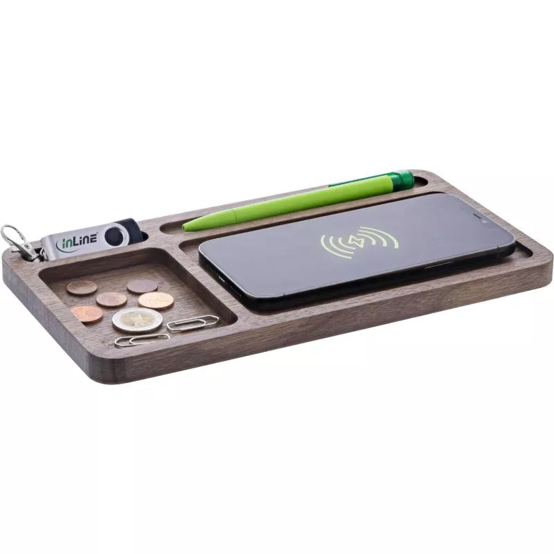 InLine® WoodCharge – Organizer mit integrierter Qi-Ladefläche aus Walnuß-Holz