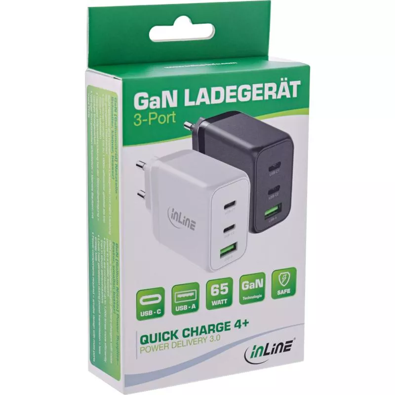 InLine® USB PD Netzteil, GaN Ladegerät, 3-Port, Dual USB-C+USB-A, 65W, weiß InLine® USB PD Netzteil, GaN Ladegerät, 3-Port, Dual USB-C+USB-A, 65W, weiß