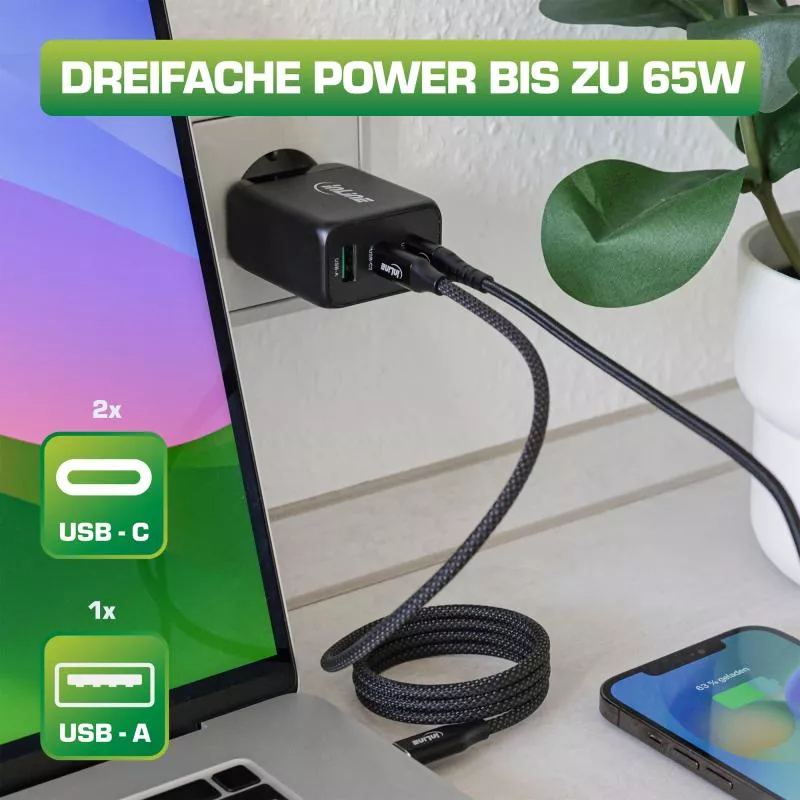 InLine® USB PD Netzteil, GaN Ladegerät, 3-Port, Dual USB-C+USB-A, 65W, weiß InLine® USB PD Netzteil, GaN Ladegerät, 3-Port, Dual USB-C+USB-A, 65W, weiß