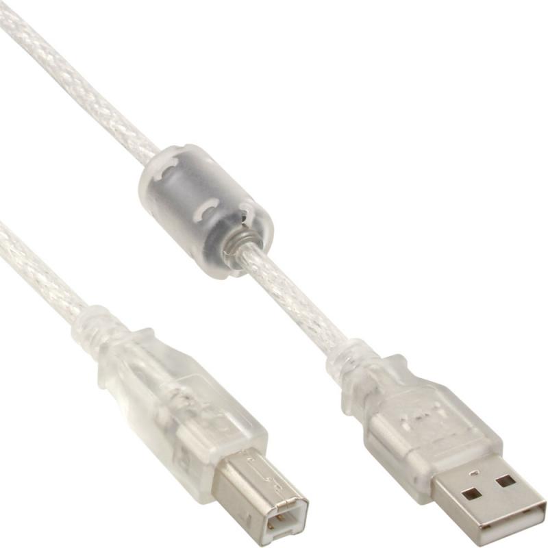 InLine® USB 2.0 Kabel, A an B, transparent, mit Ferritkern