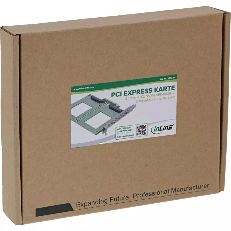 PCIe Karte zu 2x intern U.2 NVMe SFF-8639 – Bifurcation, PCIe x8, breit