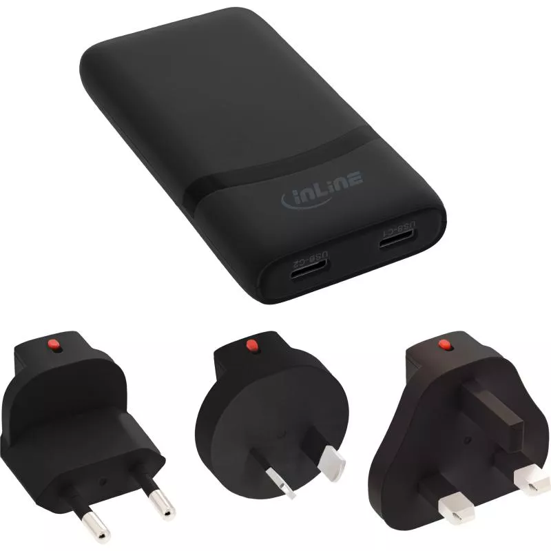USB-C Ladegerät 65 W, flach, Dual Port, PD/PPS, schwarz, mit Reiseadaptern USB-C Ladegerät 65 W, flach, Dual Port, PD/PPS, schwarz, mit Reiseadaptern