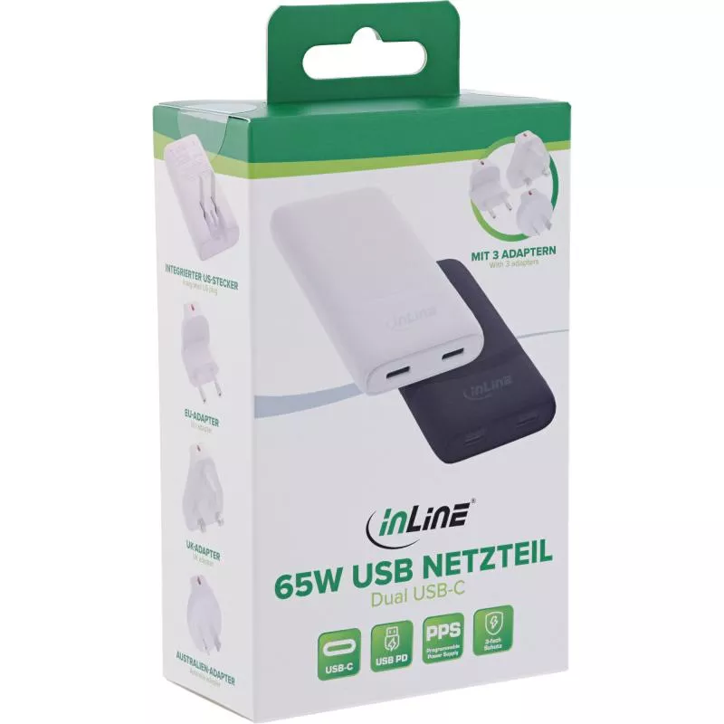 USB-C Ladegerät 65 W, flach, Dual Port, PD/PPS, schwarz, mit Reiseadaptern USB-C Ladegerät 65 W, flach, Dual Port, PD/PPS, schwarz, mit Reiseadaptern
