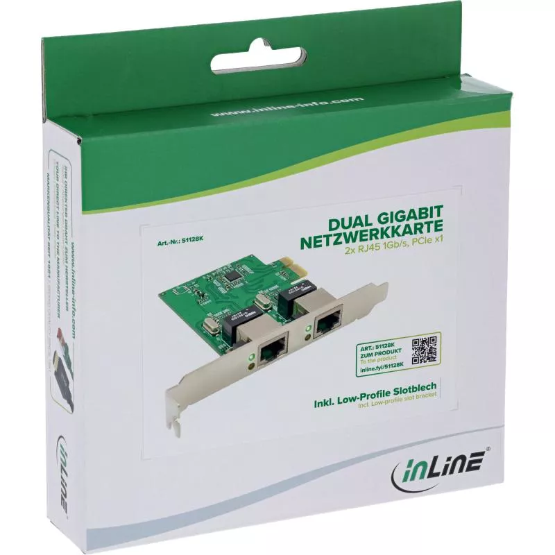 Gigabit Netzwerkkarte mit 2x RJ45, PCIe x1, inkl. Low-Profile-Blech