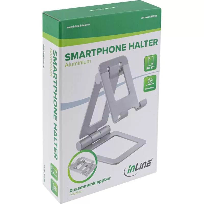 Smartphone- & Tablet-Halter, klappbar, Aluminium, bis 10", silber