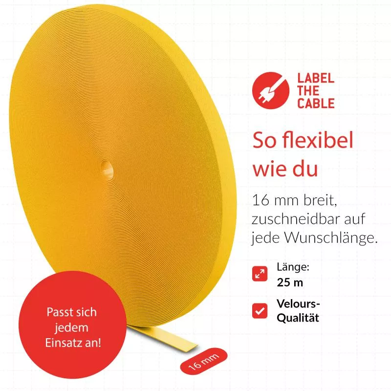 Label-The-Cable LTC PRO Roll Strap, doppelseitige Klettbandrolle, 25m, gelb