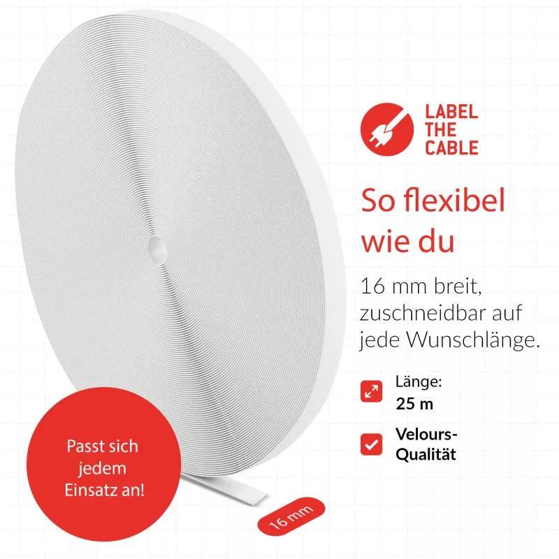 Label-The-Cable LTC PRO Roll Strap, doppelseitige Klettbandrolle, 25m, weiß