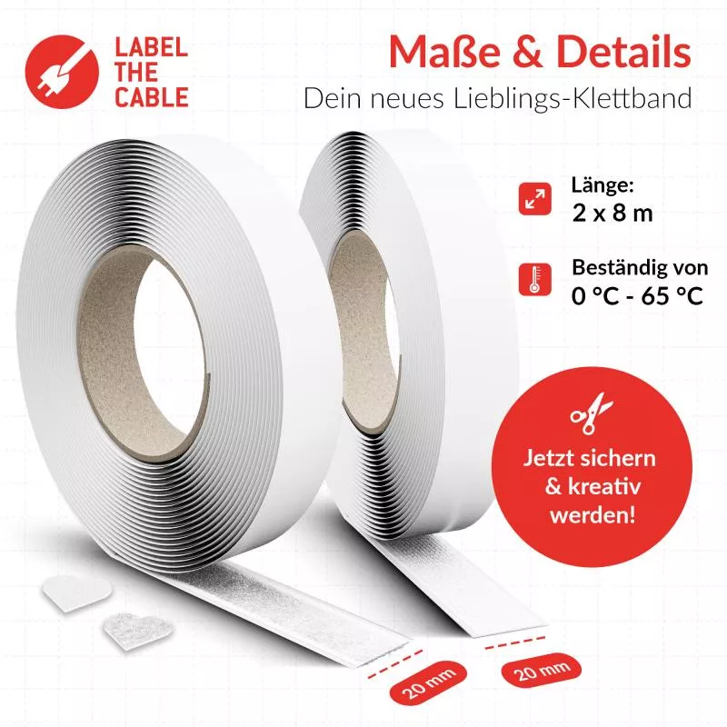 Label-The-Cable LTC Easy Tape Strap, Klettbandrolle selbstklebend 20mm, weiß, 8m
