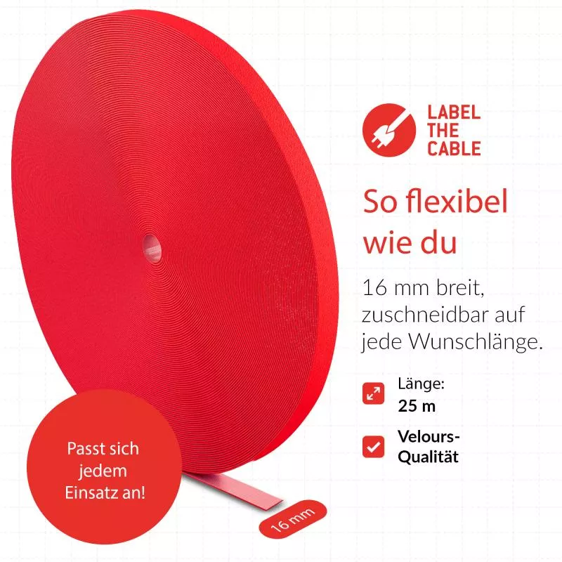 Label-The-Cable LTC PRO Roll Strap, doppelseitige Klettbandrolle, 25m, rot
