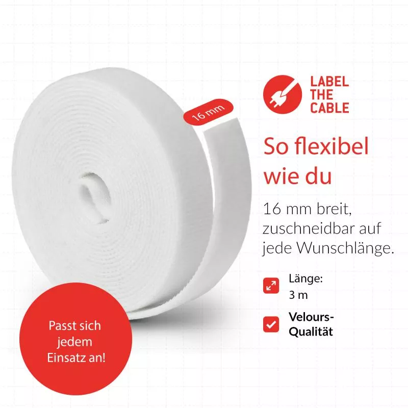 Label-The-Cable LTC Roll Strap, doppelseitige Klettbandrolle, 3m, weiß