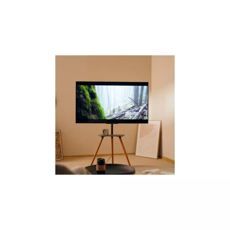 TV-Standfuß woodstand II – Dreibein – 43"–65" – mit Ablage & Kabelmanagement