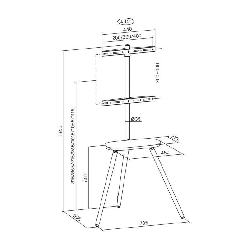 TV-Standfuß woodstand II – Dreibein – 43"–65" – mit Ablage & Kabelmanagement