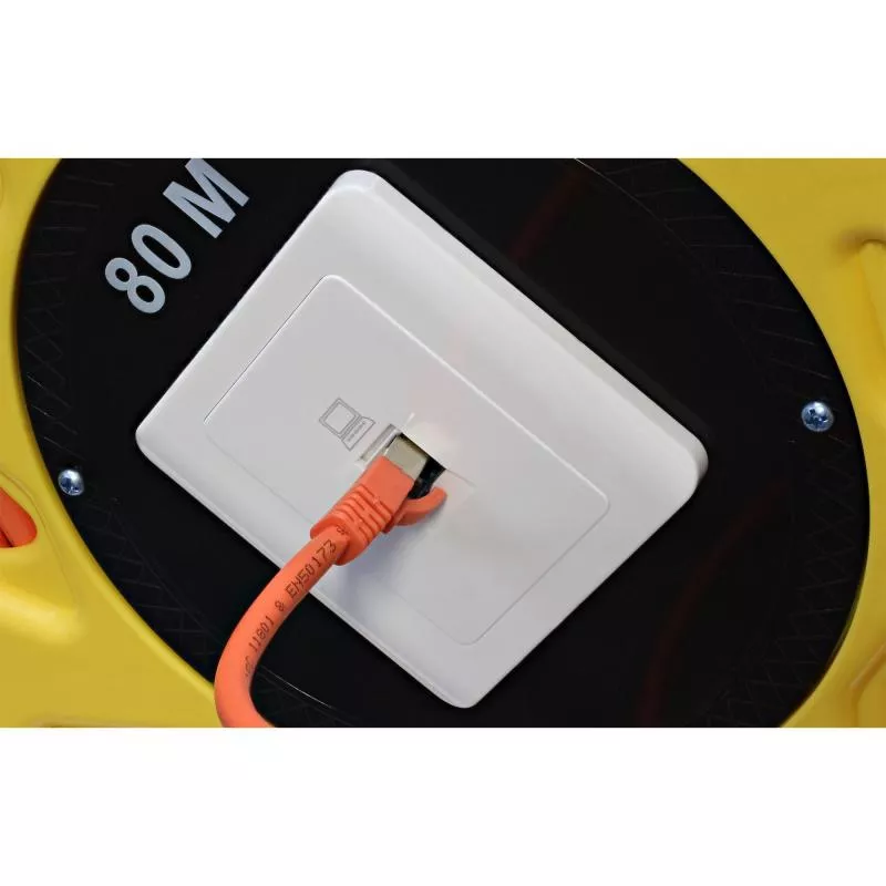 Netzwerk-Kabeltrommel Cat.6A – 80 m S/FTP, RJ45 Dose & Keystone, orange Netzwerk-Kabeltrommel Cat.6A – 80 m S/FTP, RJ45 Dose & Keystone, orange
