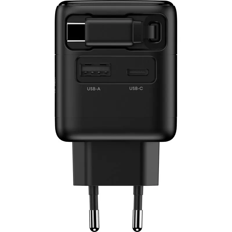 USB-Netzteil 70 W GaN mit USB-C PD + USB-A QC und integriertem 60 cm Kabel, Schwarz