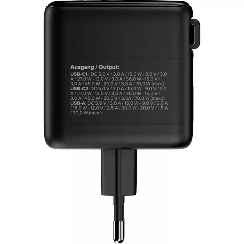 USB-Netzteil 70 W GaN mit USB-C PD + USB-A QC und integriertem 60 cm Kabel, Schwarz