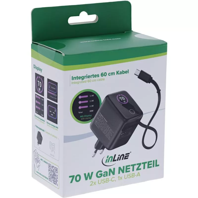 USB-Netzteil 70 W GaN mit USB-C PD + USB-A QC und integriertem 60 cm Kabel, Schwarz