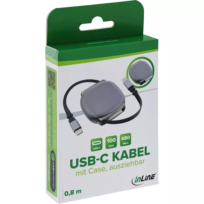 USB-C Kabel im Case, einziehbar, 100 W, schwarz/grau