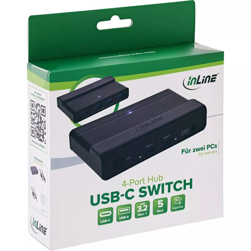 USB-C Switch für 2 PCs mit 4-Port USB-Hub, USB 3.2 Gen.1, Schwarz