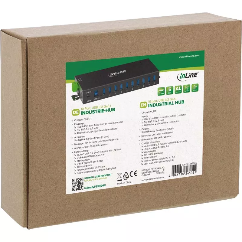 USB 3.2 Gen.1 Industrie-Hub mit 10 Ports, Aluminiumgehäuse und Netzteil