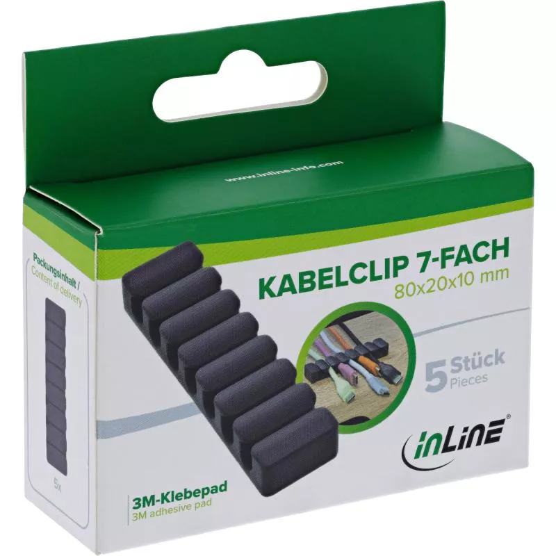 5er Pack Kabelclip 7-fach, selbstklebend, mit 3M®-Pad, Schwarz
